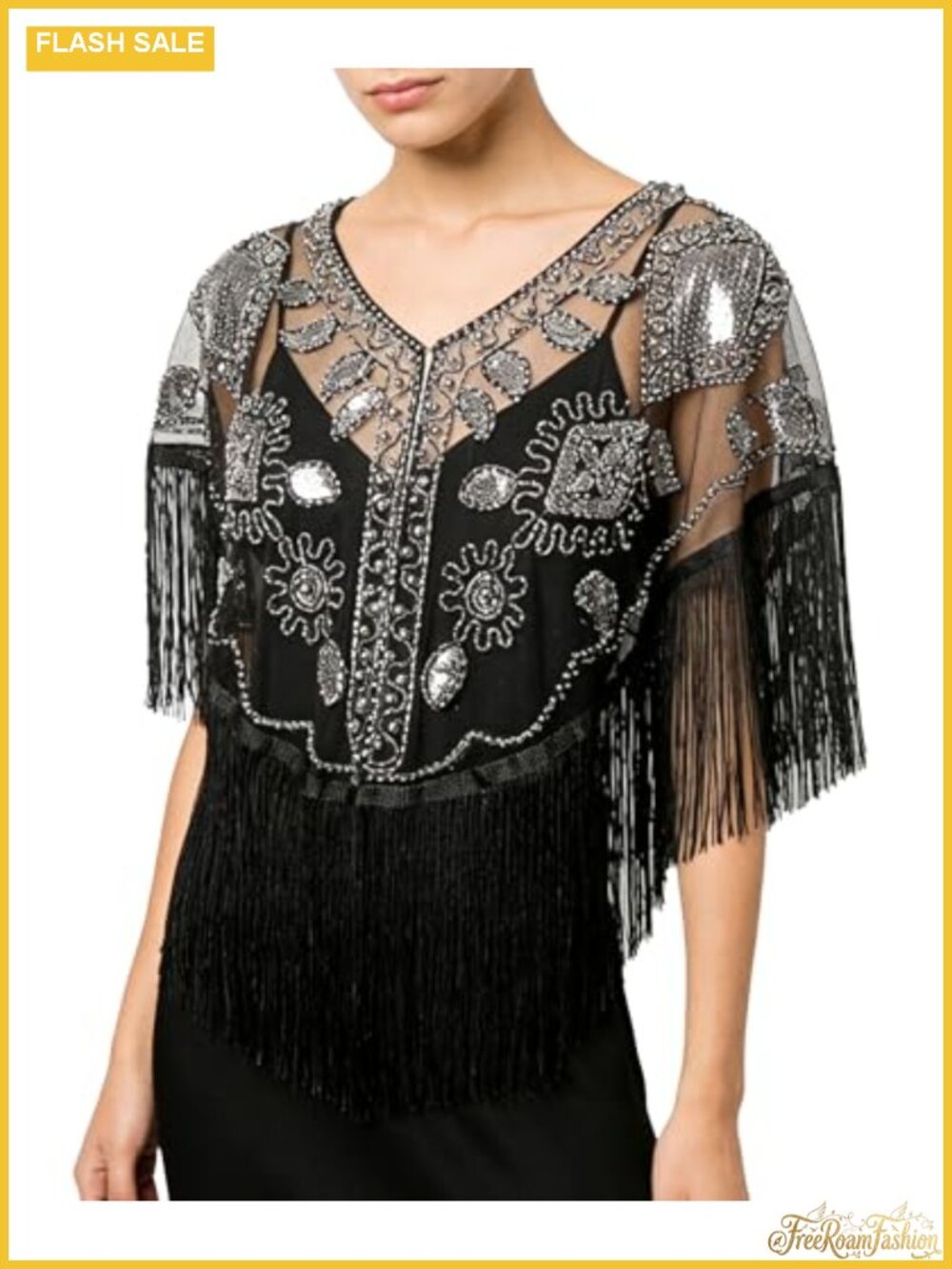 1920s Sequin Beaded Fringe Cape Evening Shawl Chiffon Lace Wrap